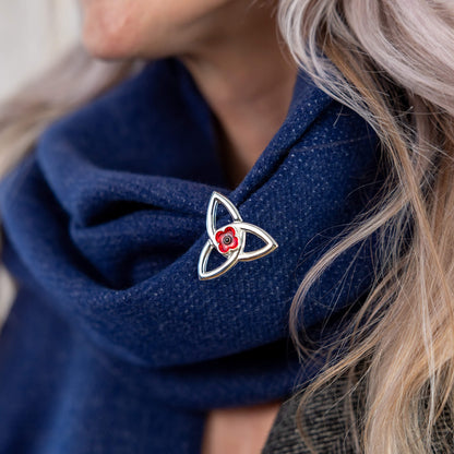 Trinity Knot Poppy Brooch worn on navy scarf | Poppyscotland